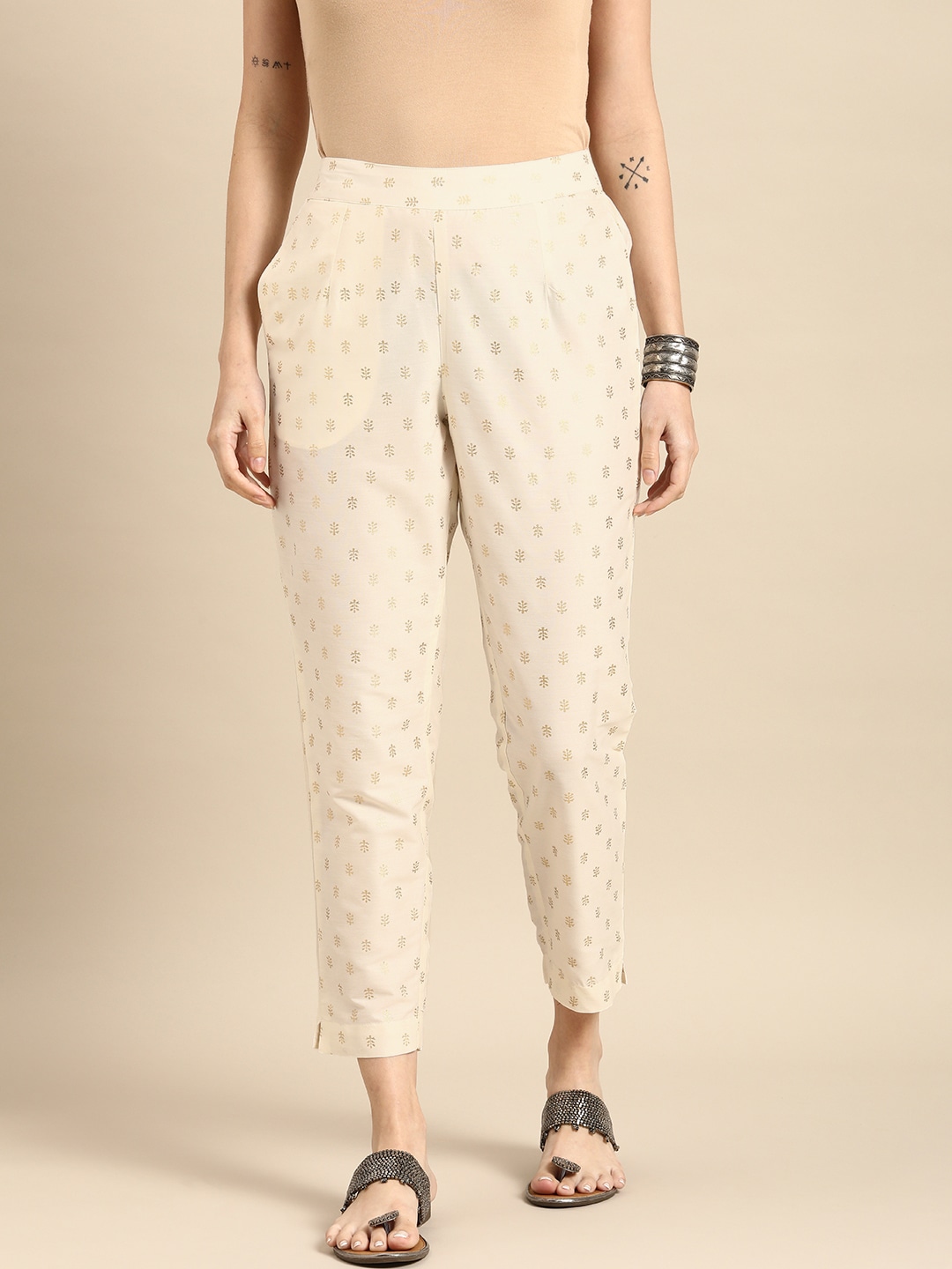 Anouk Women Off White & Gold Printed Cigerette Trousers Price in India