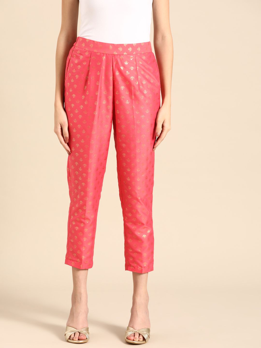 Anouk Women Pink Ethnic Motifs Printed Pleated Trousers Price in India