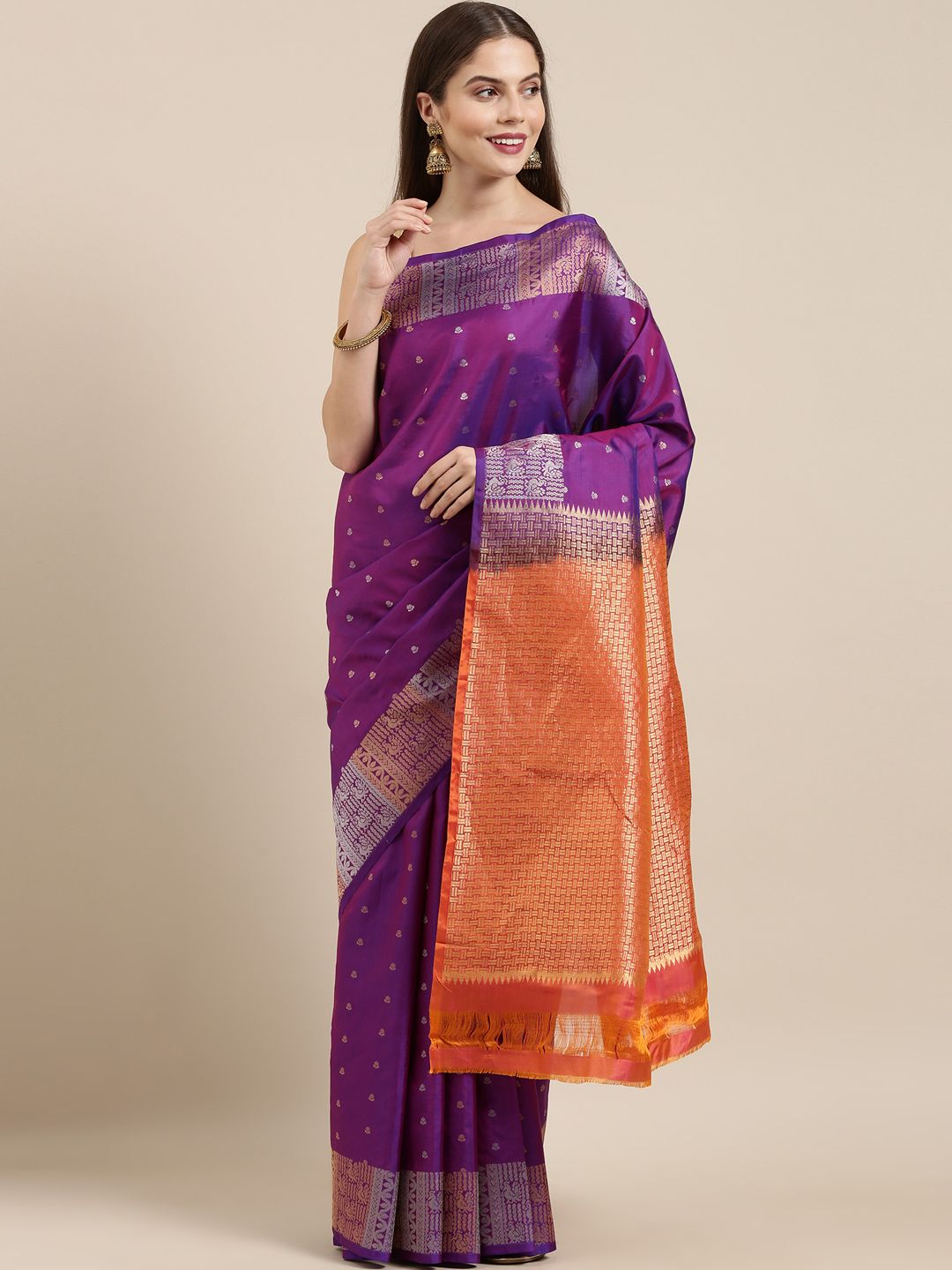 The Chennai Silks Purple & Orange Woven Design Pure Silk Kanjeevaram Saree