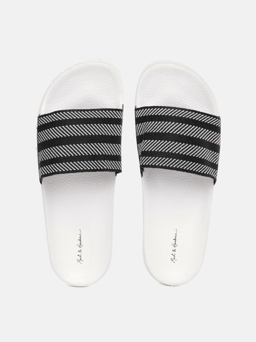 Mast & Harbour Women Black & White Self Striped Sliders Price in India