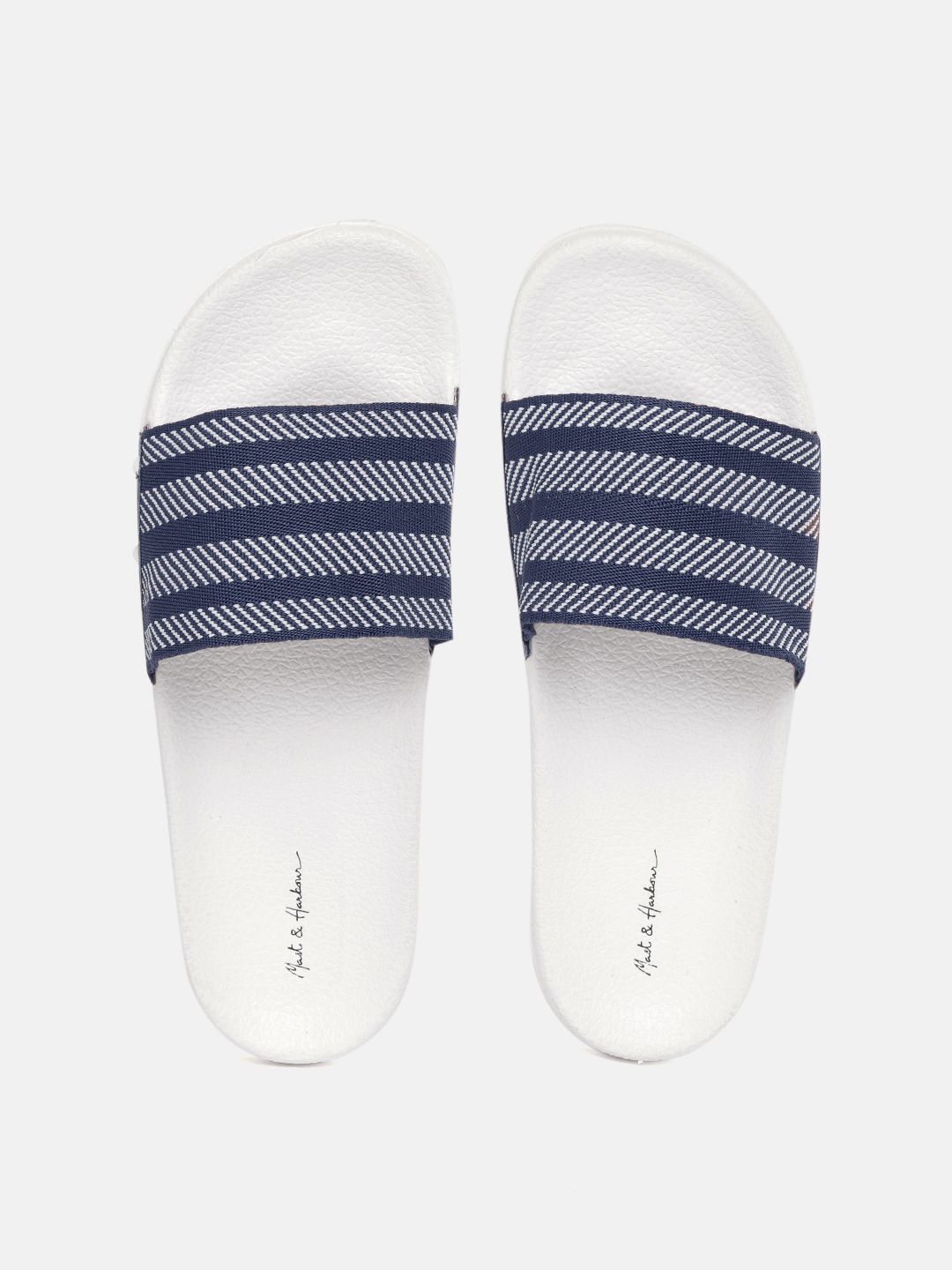 Mast & Harbour Women Navy Blue & White Self Striped Sliders Price in India