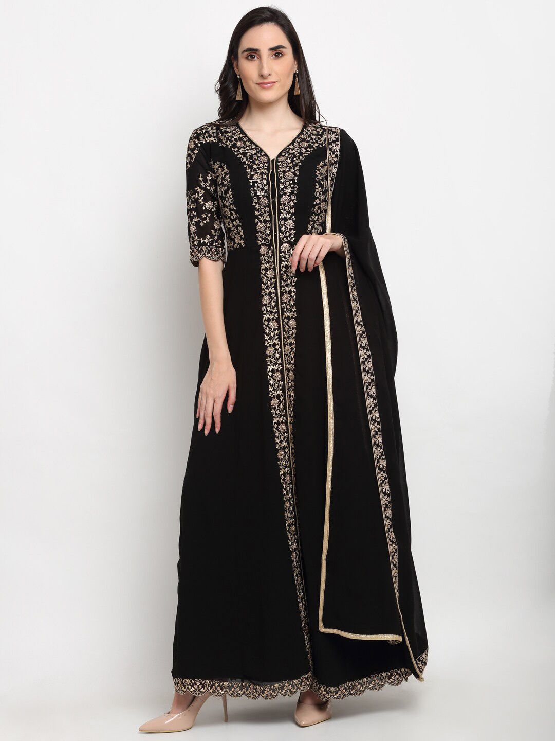 Stylee LIFESTYLE Black & Gold-Toned Embroidered Semi-Stitched Dress Material Price in India