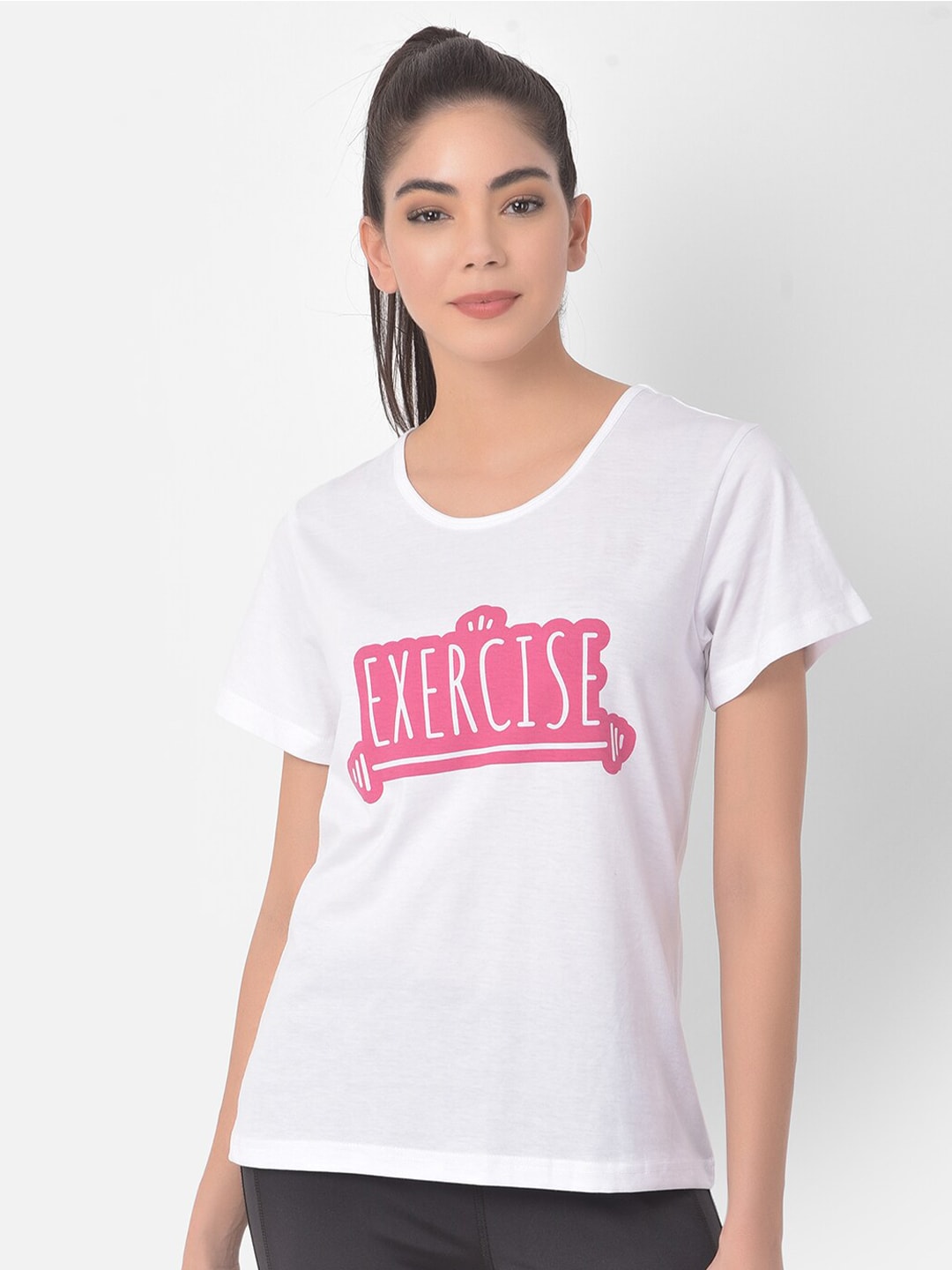 Clovia Women White & Pink Printed Training and Gym T-shirt Price in India