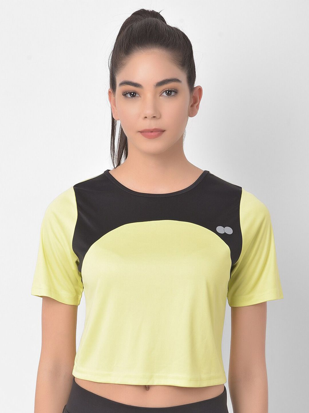 Clovia Women Yellow & Black Colourblocked Training or Gym T-shirt Price in India