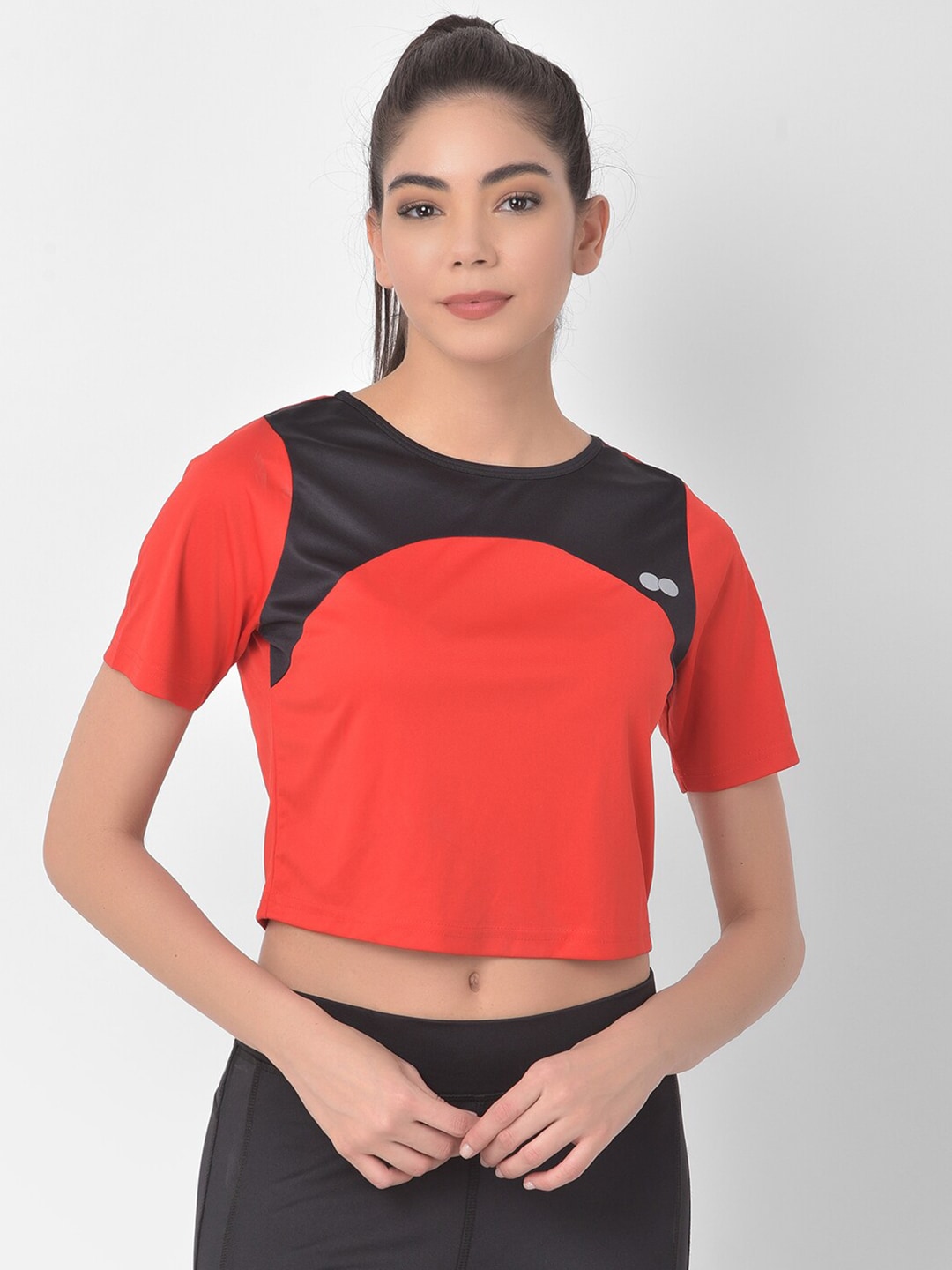 Clovia Women Red & Black Colourblocked Training or Gym T-shirt Price in India