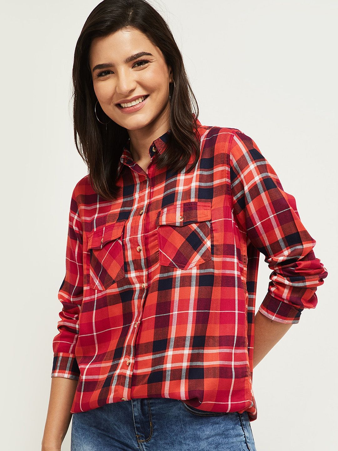 max Women Red & Orange Tartan Checked Casual Shirt