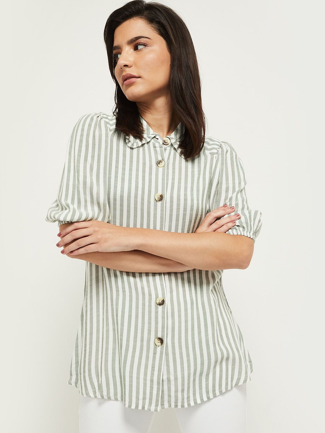 max Women Green and White Striped Casual Shirt