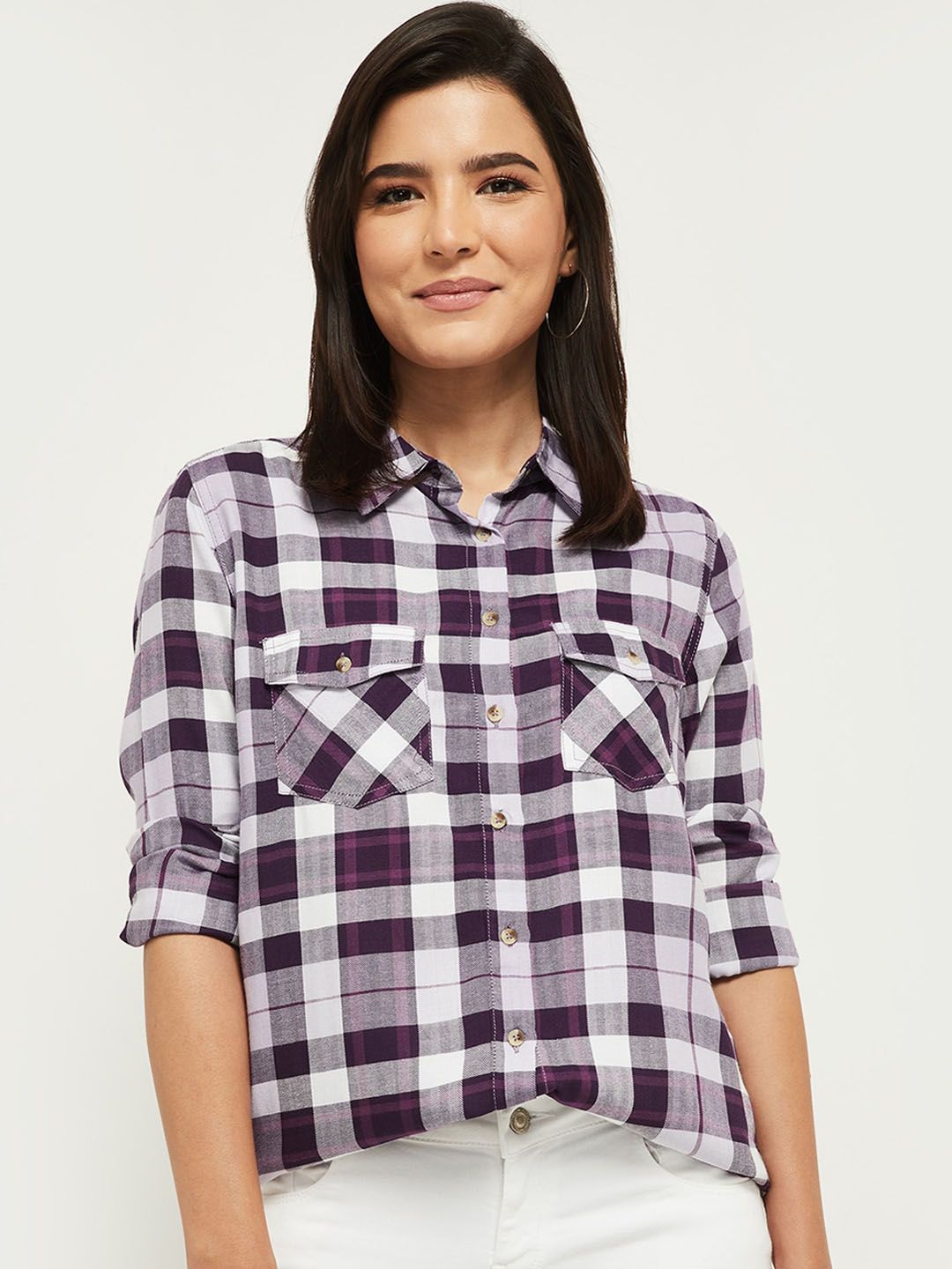 max Women Purple Gingham Checks Checked Casual Shirt