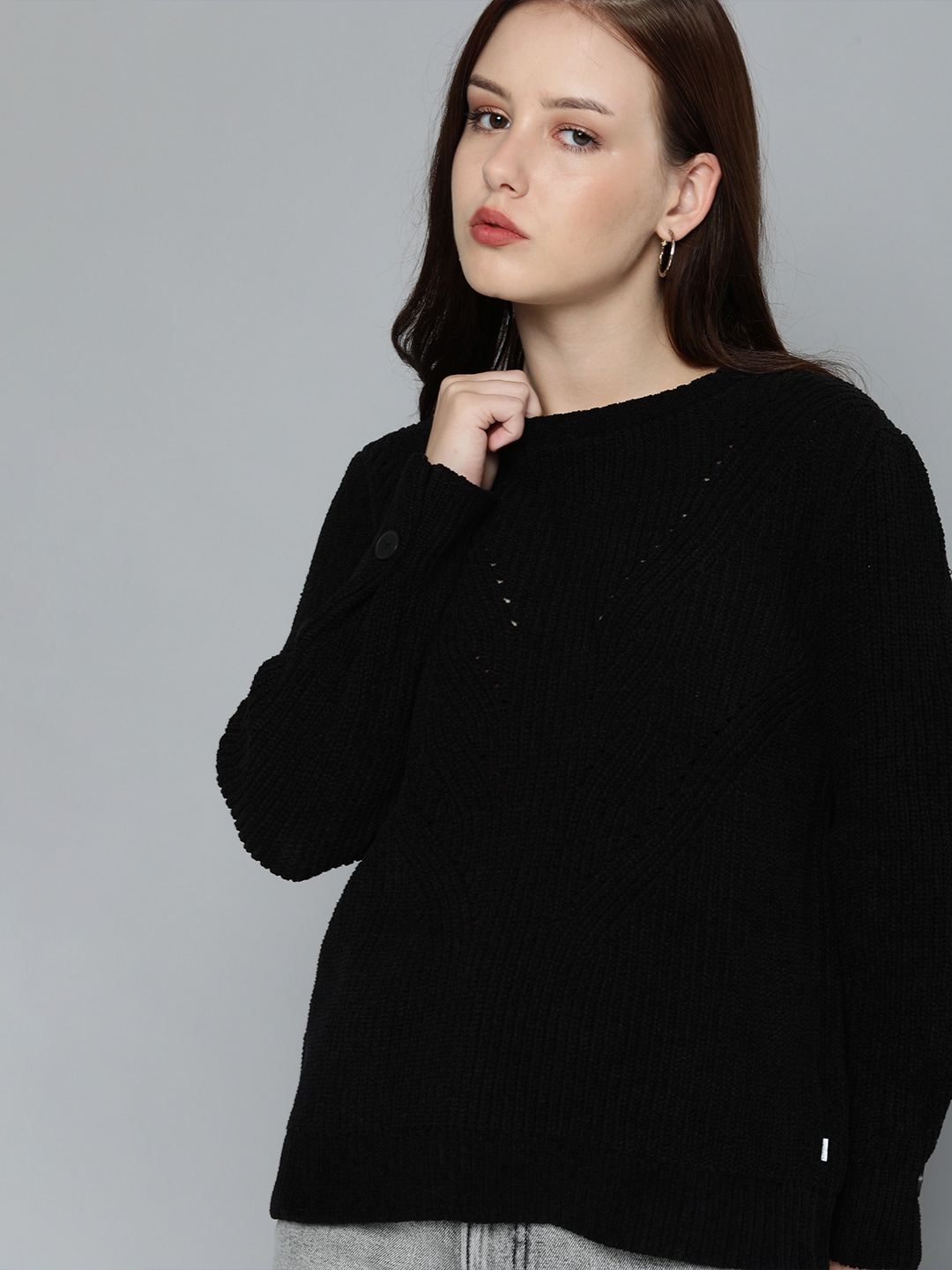 Levis Women Black Solid Round-Neck Pure Cotton Pullover Sweater Price in India