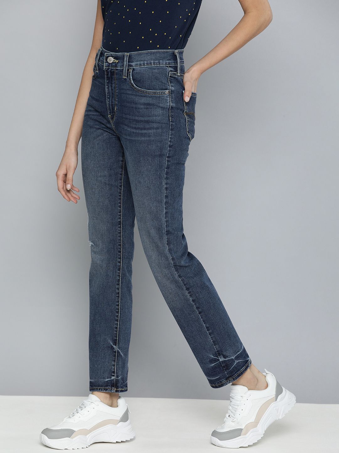Levis Women Blue Straight Fit High-Rise Low Distress Heavy Fade Stretchable Jeans Price in India
