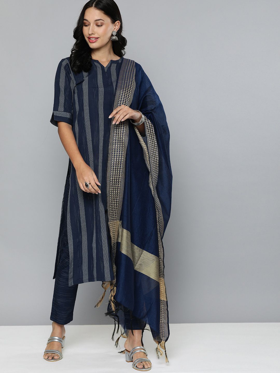 Kvsfab Navy Blue & Off White Striped Pure Cotton Unstitched Dress Material Price in India