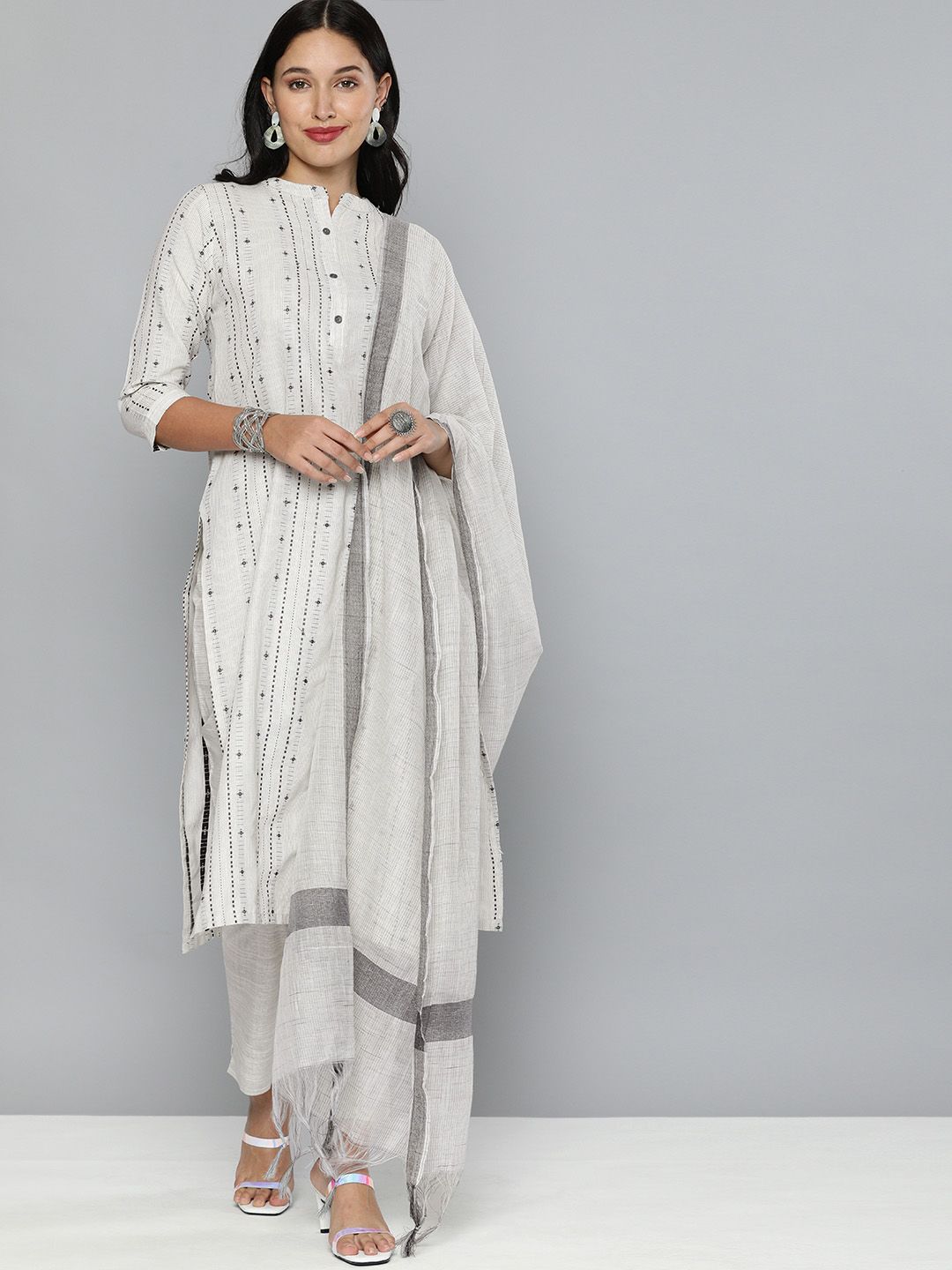 Kvsfab White & Grey Ethnic Motif Patterned Pure Cotton Unstitched Dress Material Price in India
