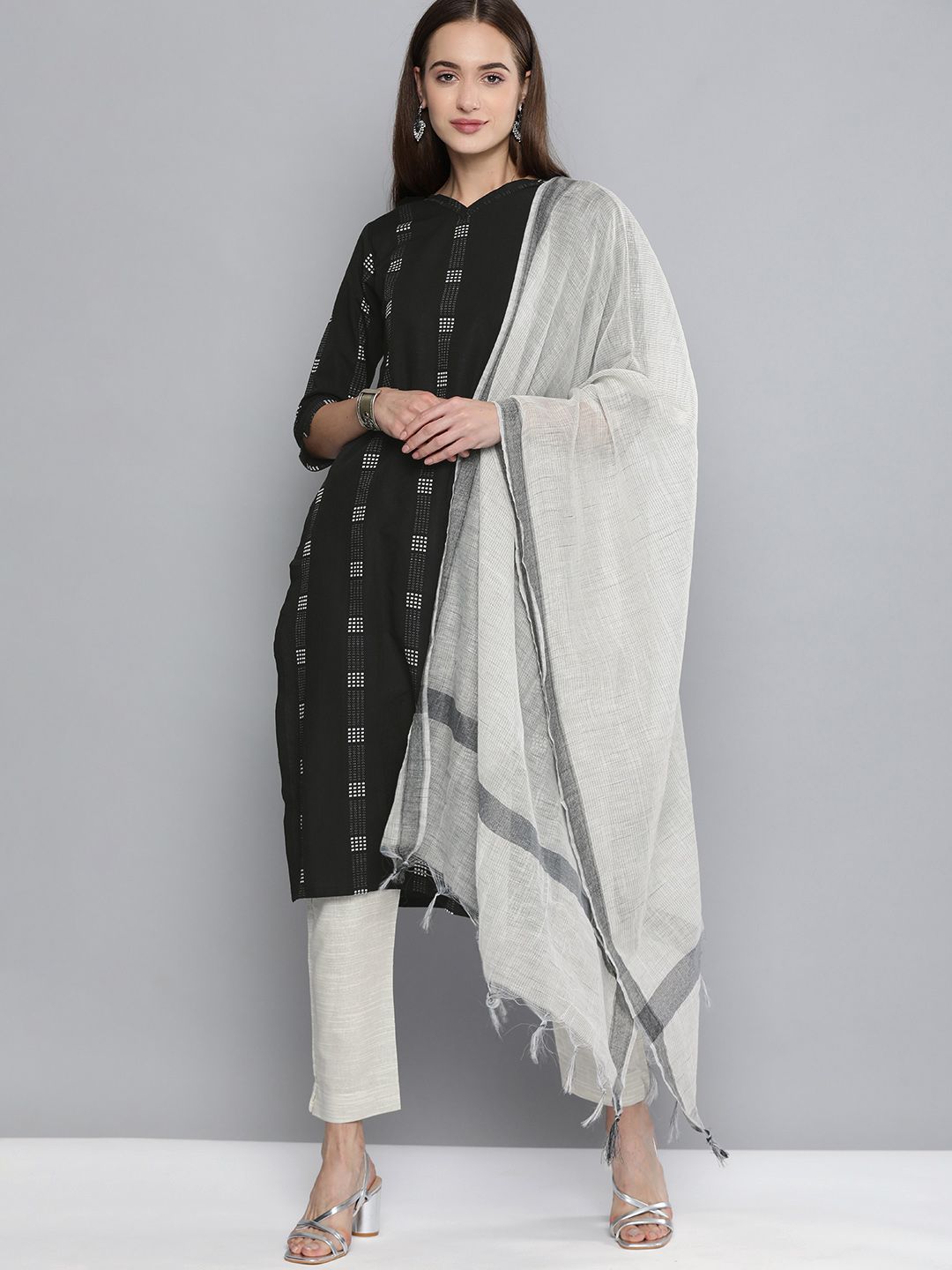 Kvsfab Black & Off White Pure Cotton Handloom Unstitched Sustainable Dress Material Price in India