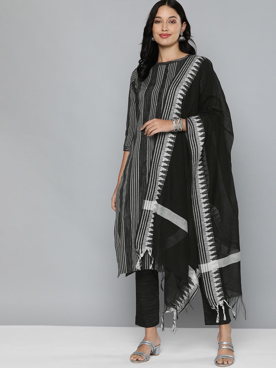 Kvsfab Black & White Striped Pure Cotton Unstitched Dress Material Price in India