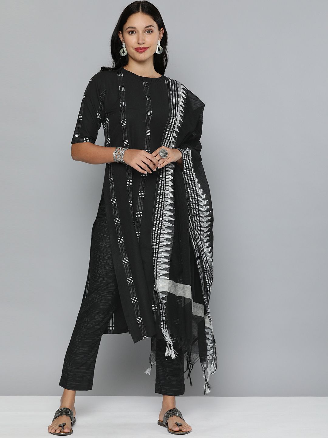 Kvsfab Black & White Striped Pure Cotton Unstitched Dress Material Price in India