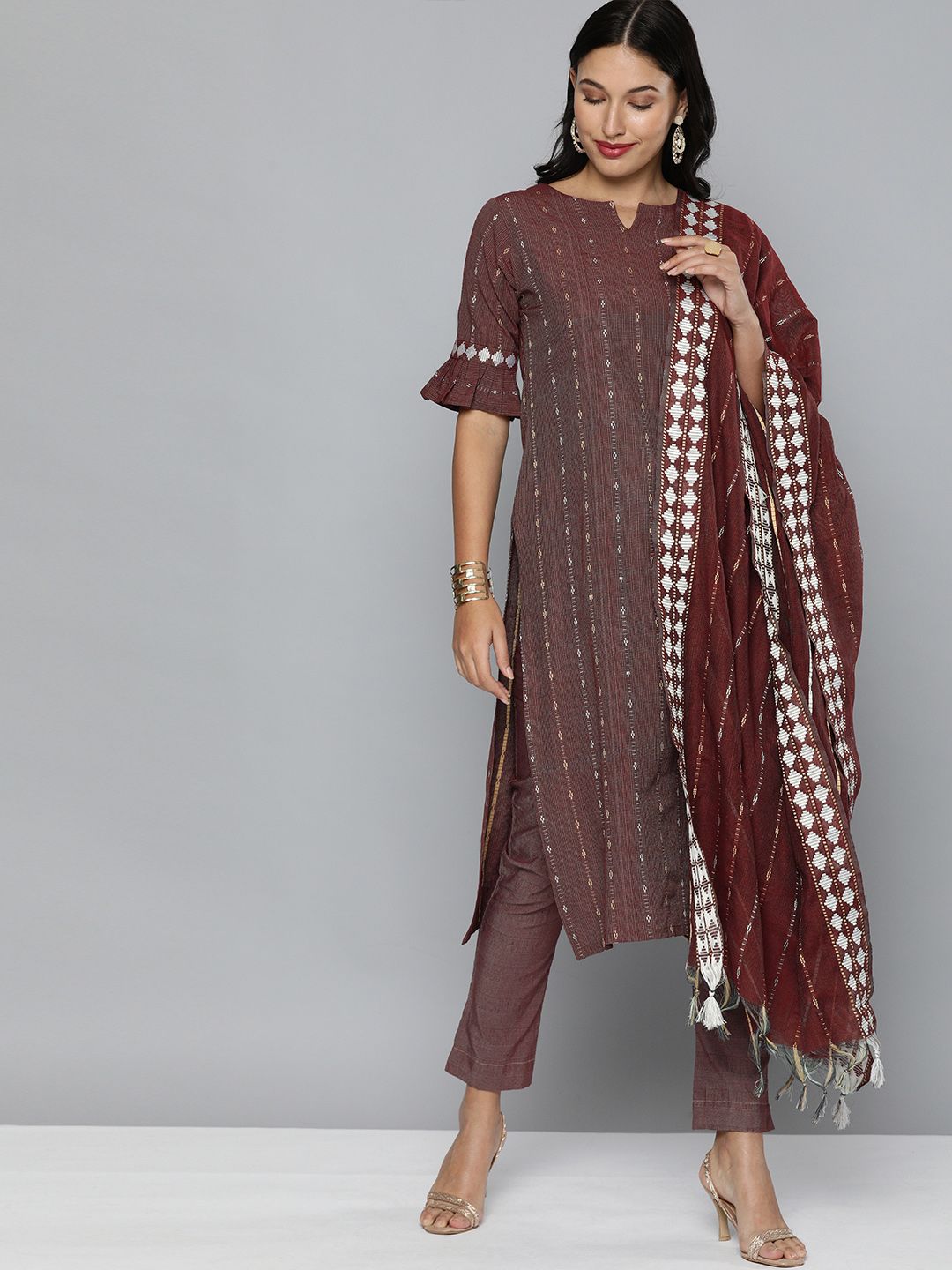 Kvsfab Rust Brown & White Ethnic Motif Patterned Pure Cotton Unstitched Dress Material Price in India