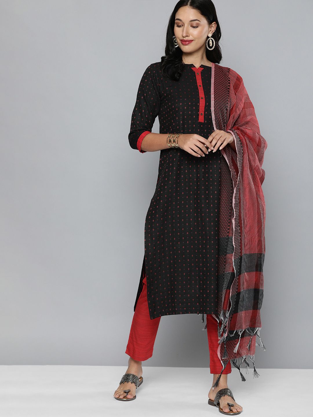 Kvsfab Black & Red Ethnic Motif Patterned Pure Cotton Unstitched Dress Material Price in India