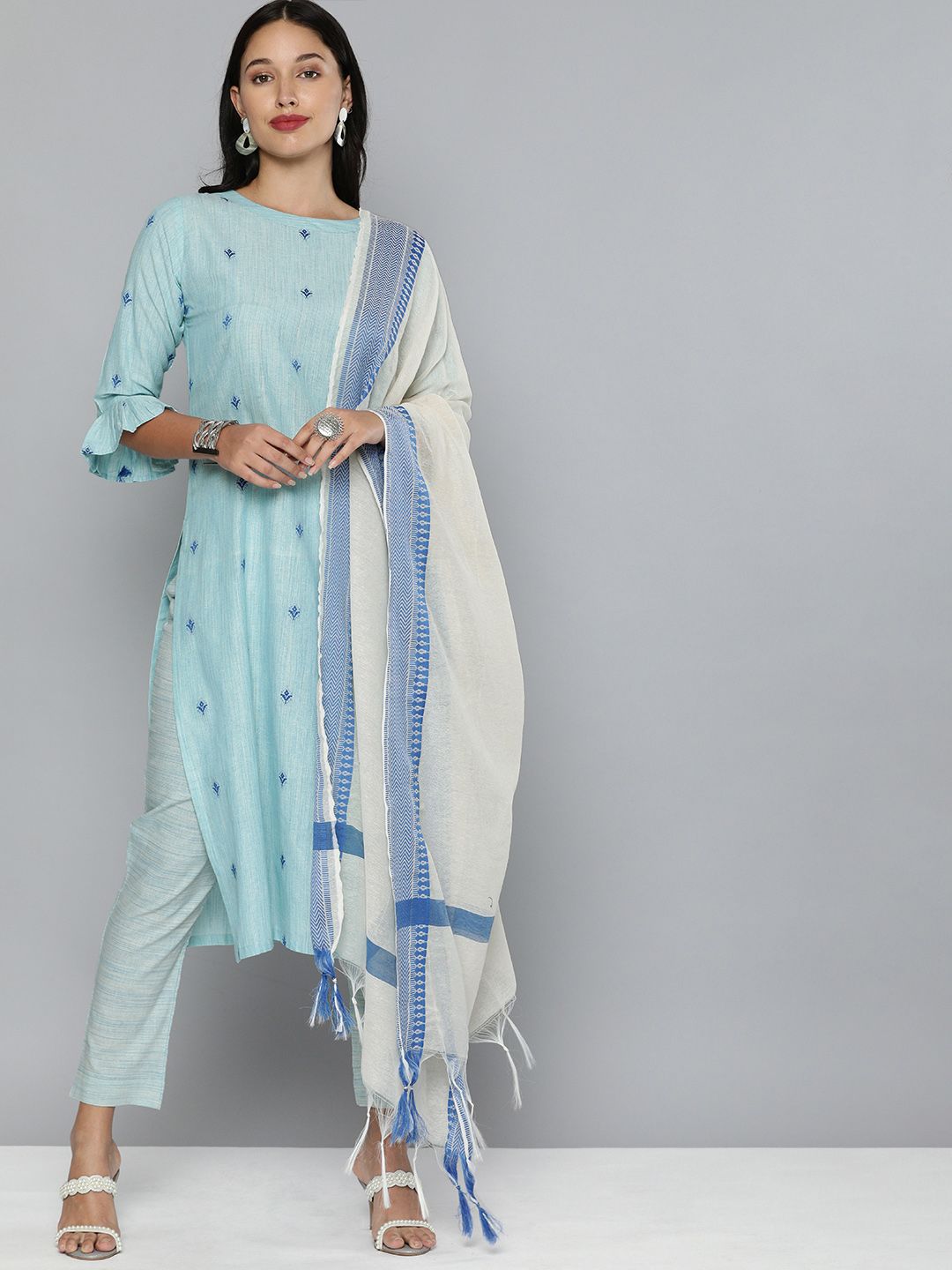 Kvsfab Blue & Off White Ethnic Motif Patterned Pure Cotton Unstitched Dress Material Price in India