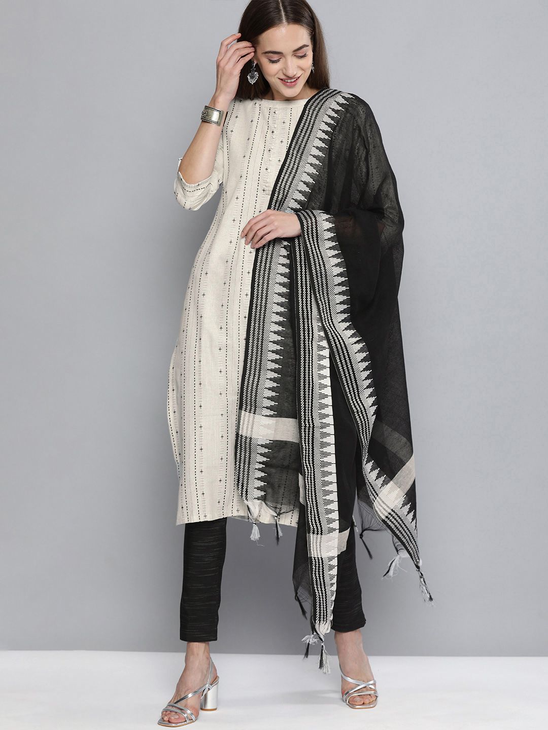 Kvsfab White & Black Pure Cotton Handloom Unstitched Sustainable Dress Material Price in India