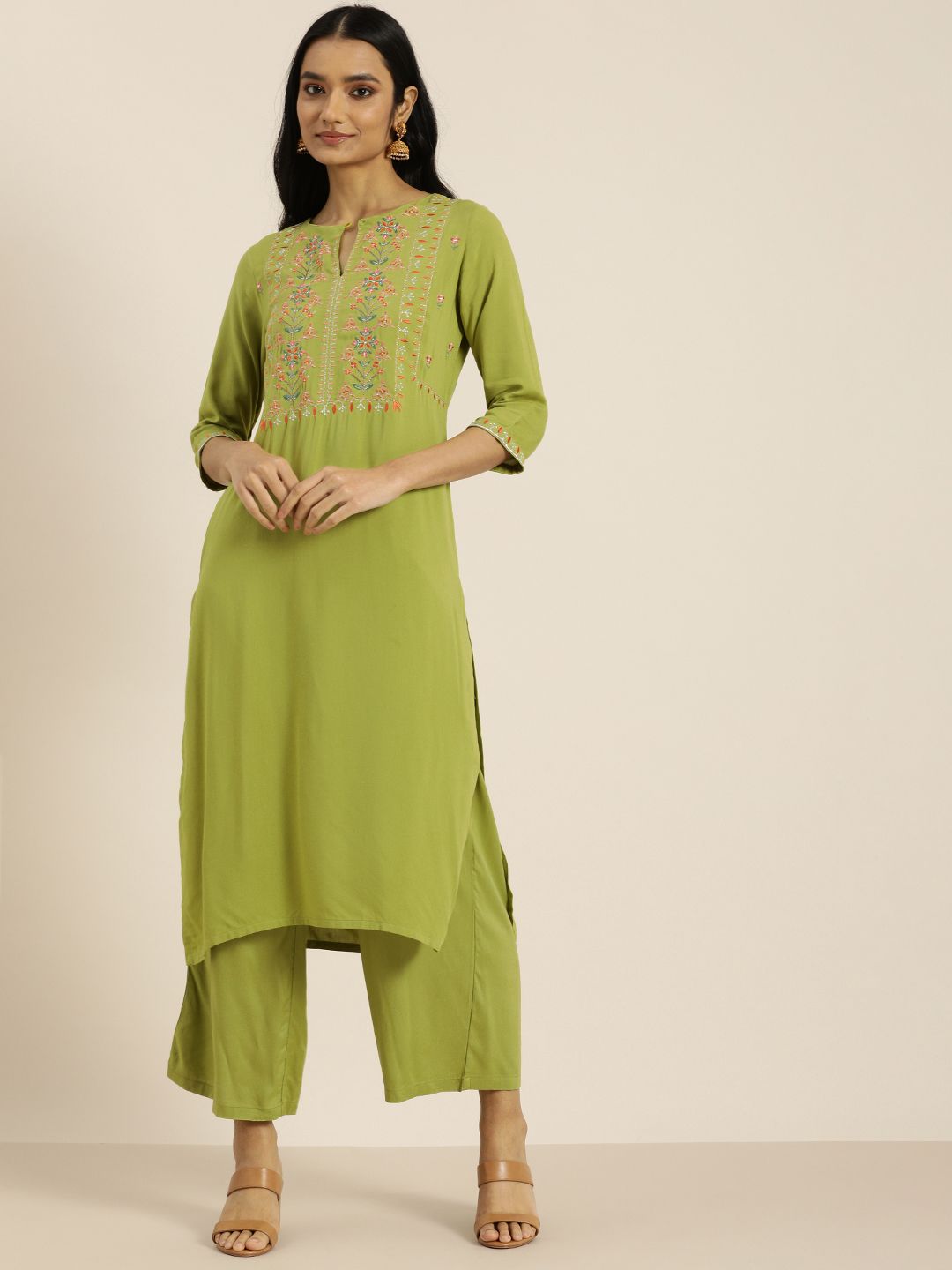 Vishudh Women Green Printed Regular Kurta with Palazzos Price in India