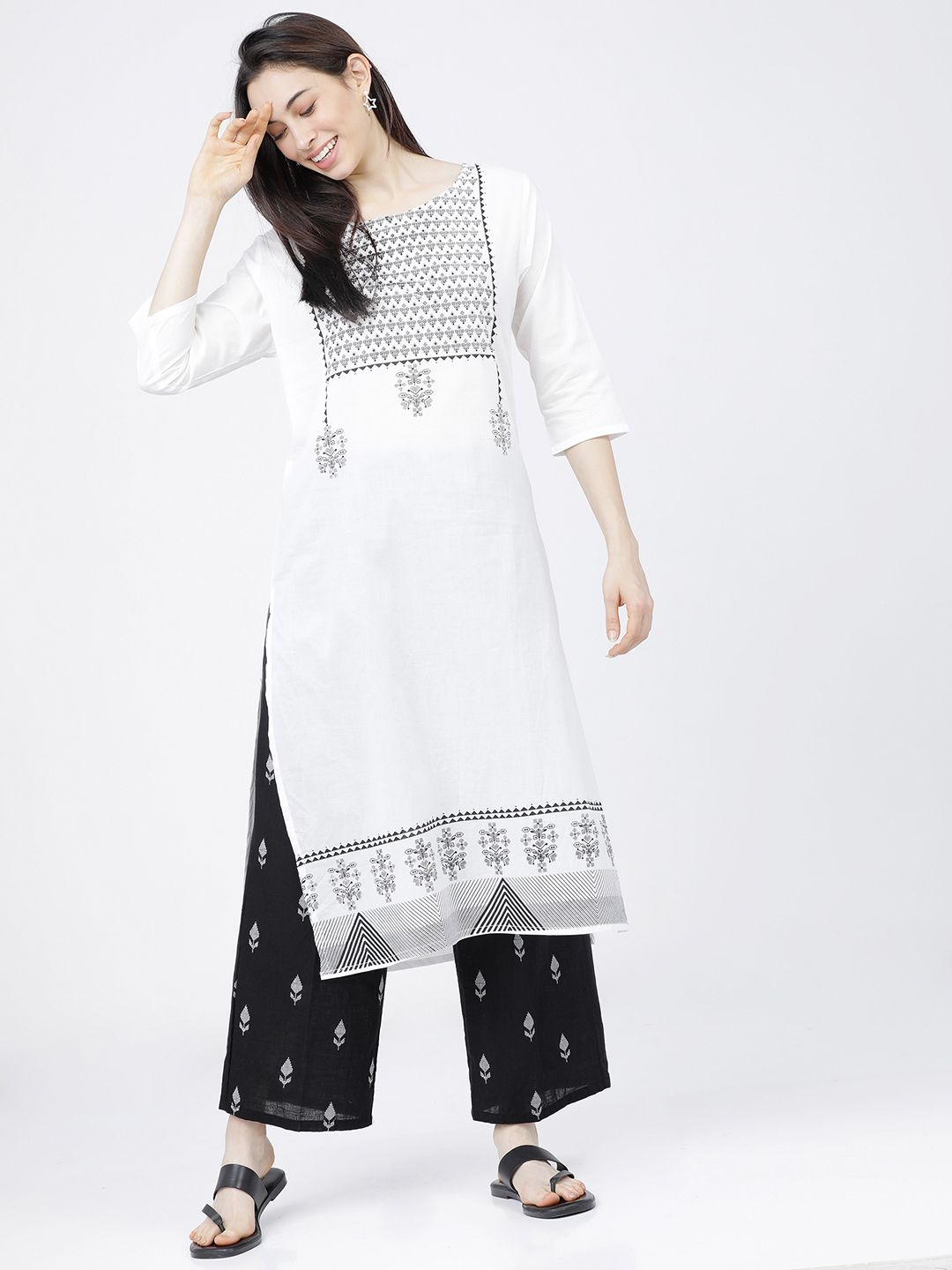 Vishudh Women White & Black Yoke Printed Regular Pure Cotton Kurta with Palazzos Price in India