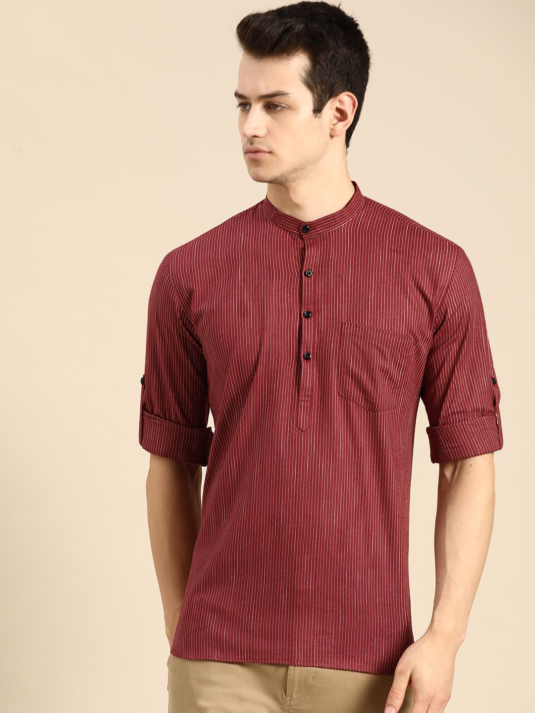RAJUBHAI HARGOVINDAS Men Maroon & White Striped Pure Cotton Handloom Kurta