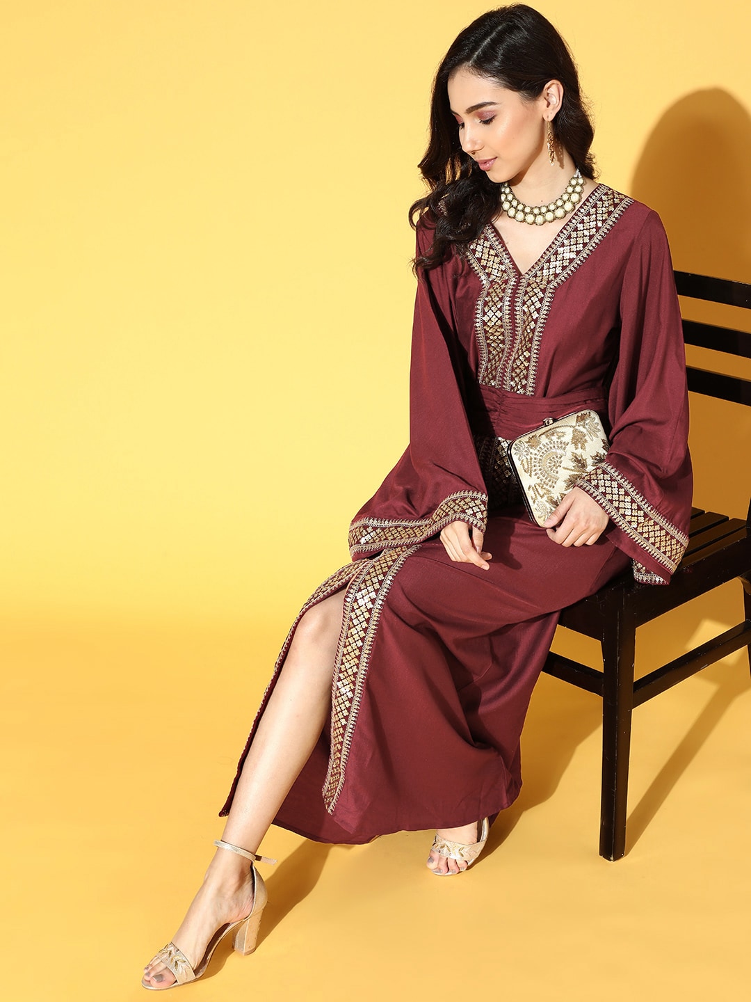 Inddus Women Maroon Ethnic Motif Embroidered Dress with Belt Price in India