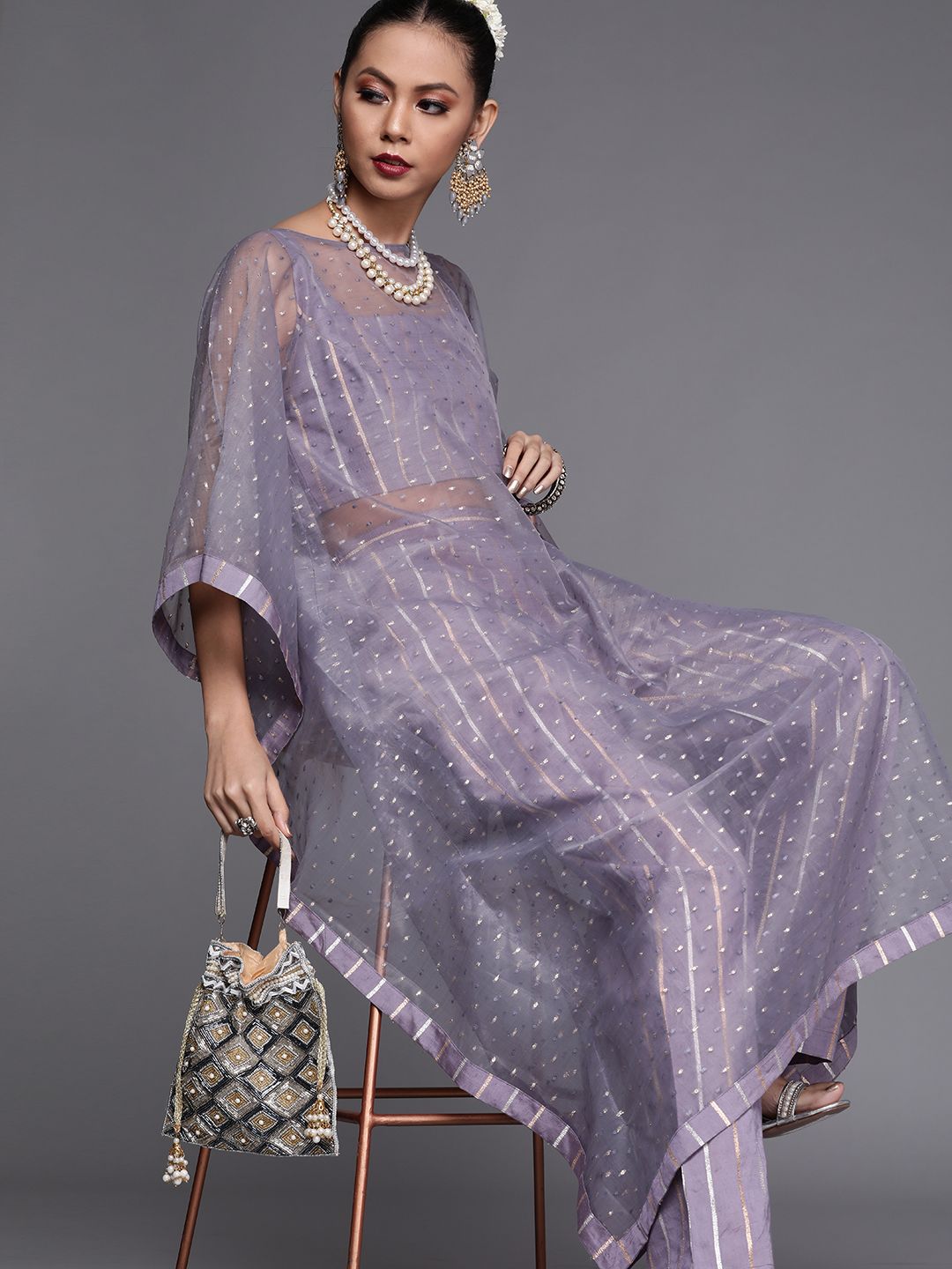 Inddus Women Lavender & Silver Organza Woven Sheer Kaftan Kurta with Inner & Trousers Price in India