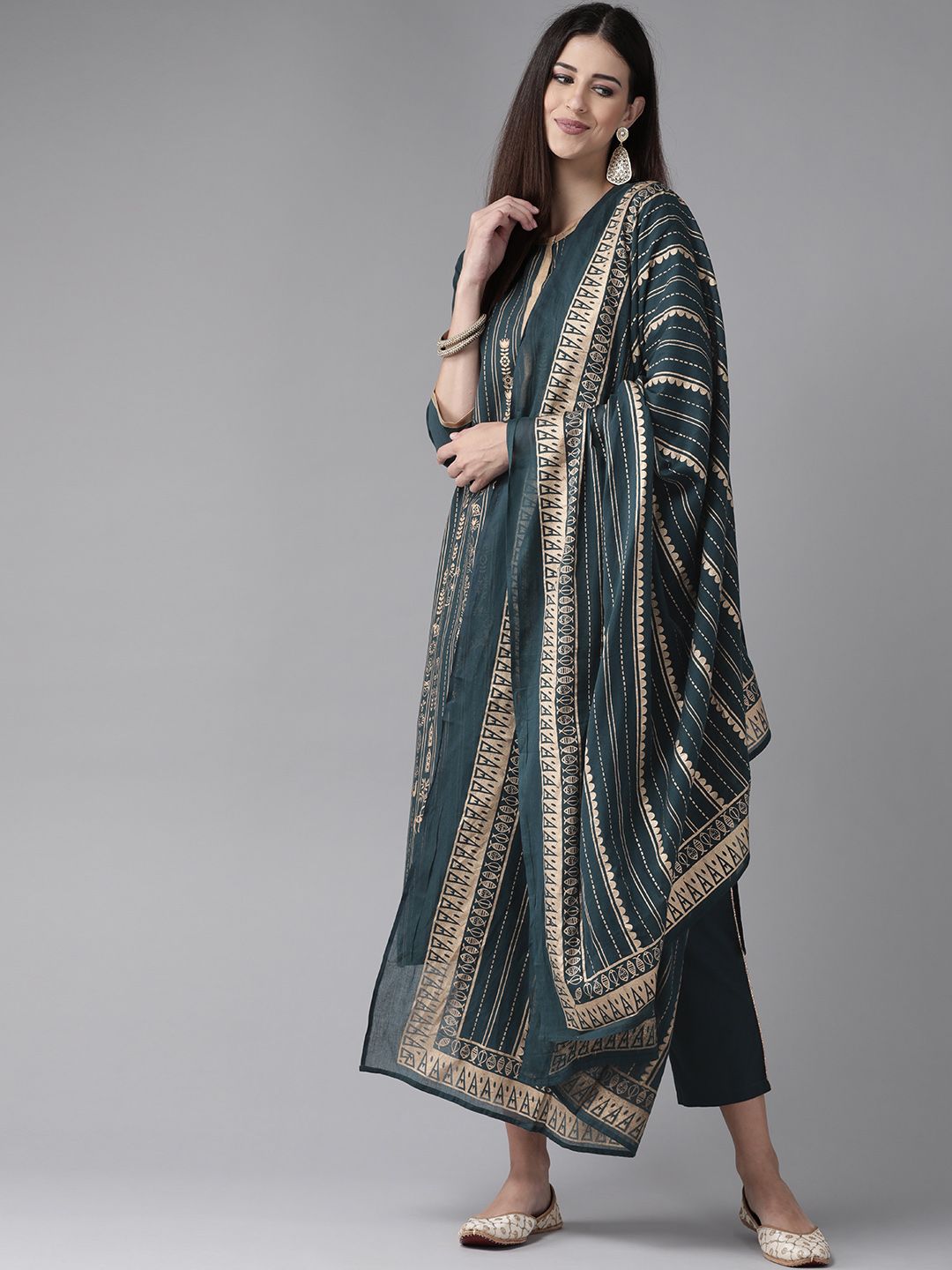 Indo Era Women Teal Printed Regular Pure Cotton Kurta with Trousers & With Dupatta Price in India