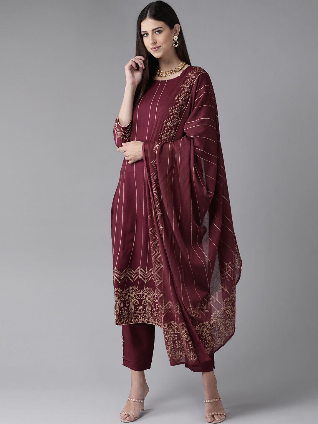 Indo Era Women Burgundy Printed Regular Kurta with Trousers & With Dupatta Price in India