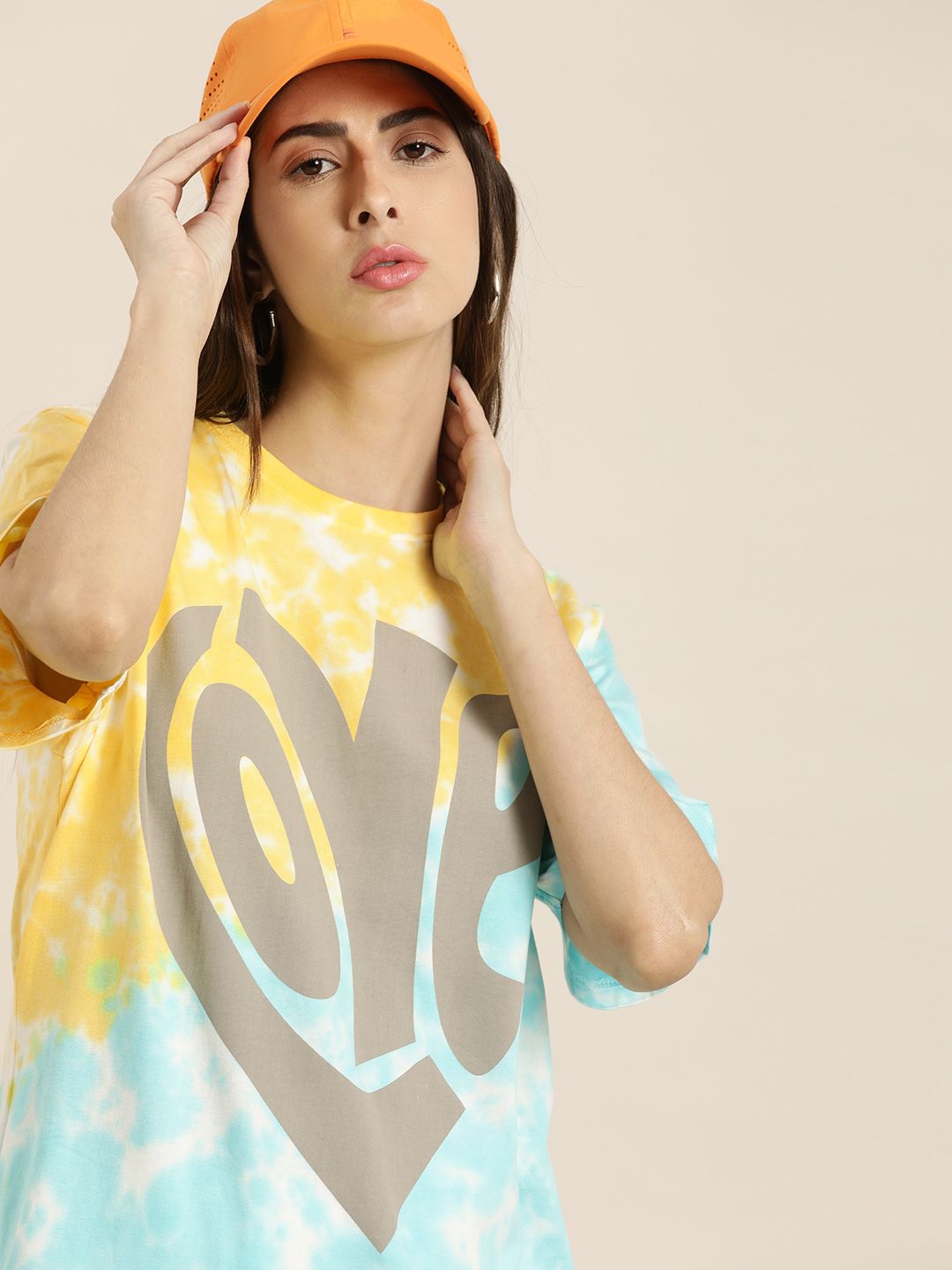 DILLINGER Women Yellow  Turquoise Blue Tie  Dye Drop-Shoulder Sleeves Oversized Pure Cotton T-shirt Price in India