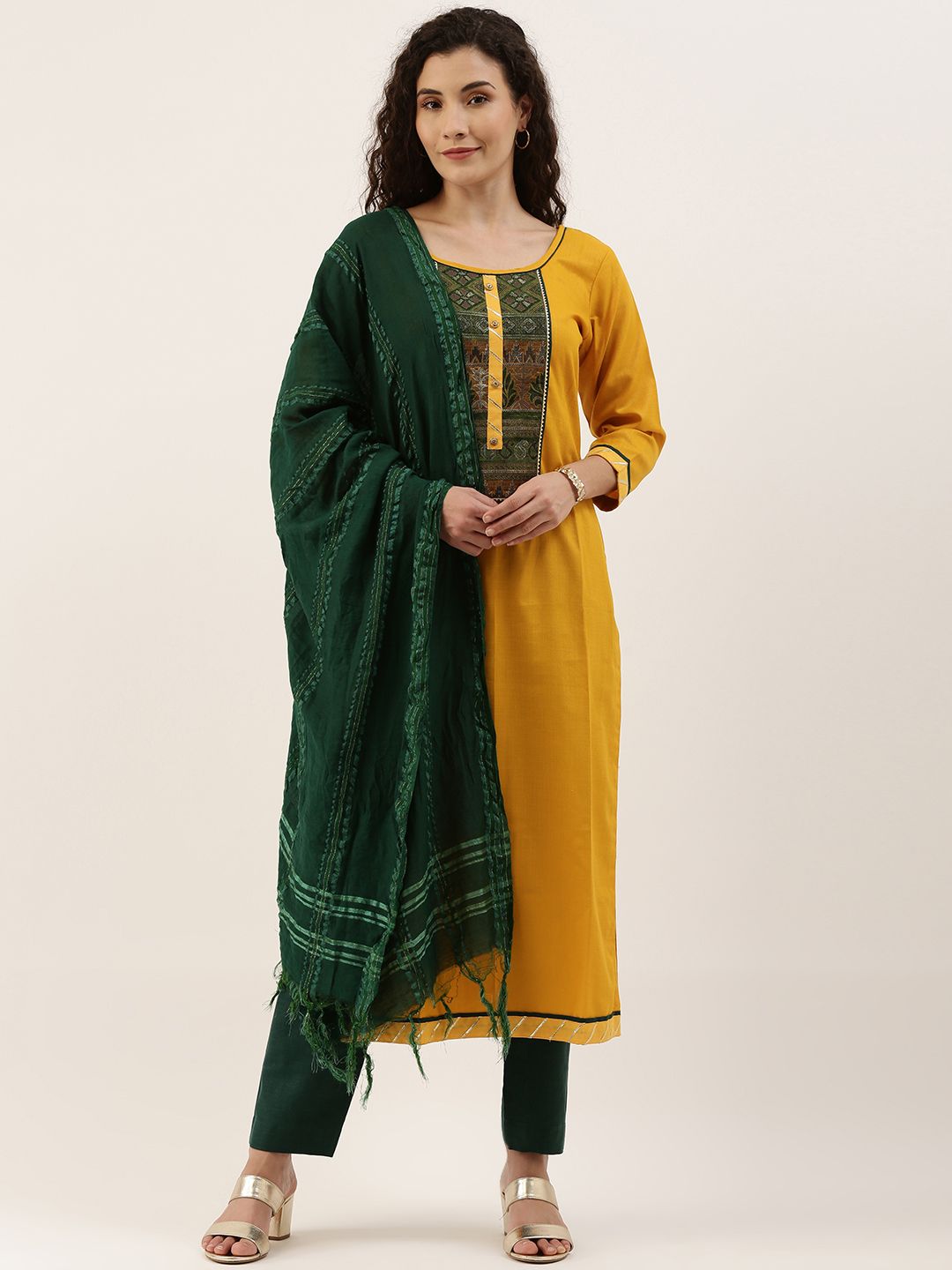 SheWill Mustard Yellow & Green Printed Unstitched Dress Material Price in India