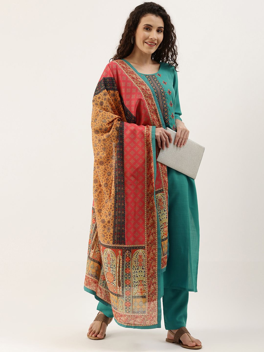 SheWill Teal Green Embroidered Unstitched Dress Material Price in India