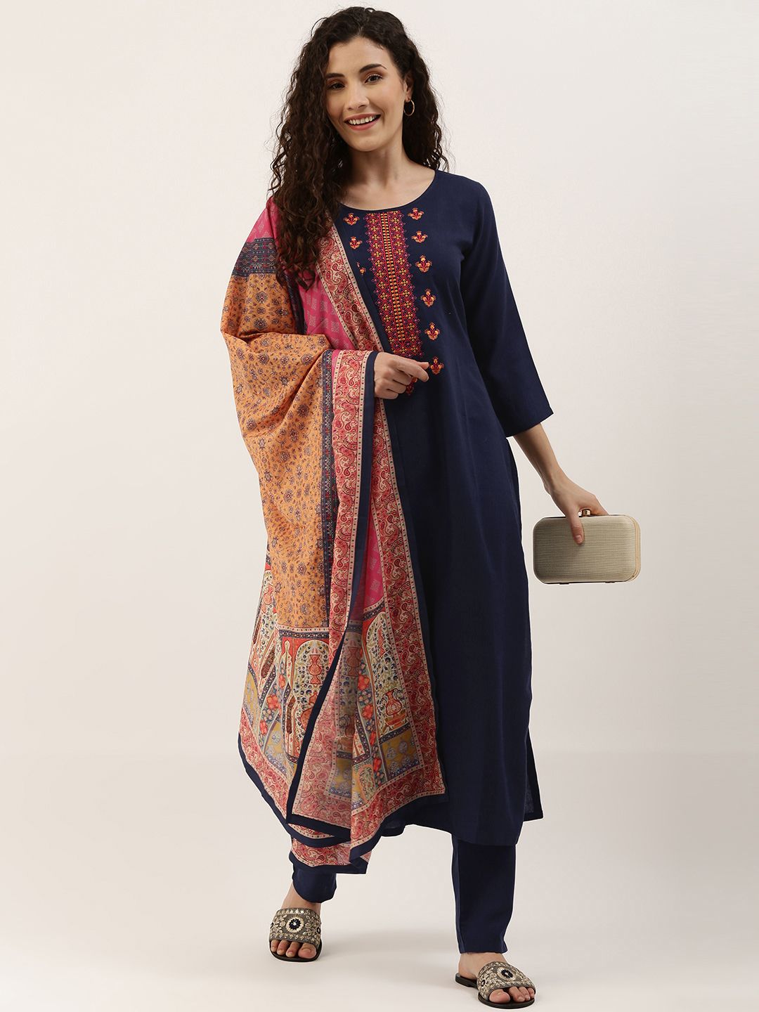 SheWill Navy Blue Embroidered Unstitched Dress Material Price in India