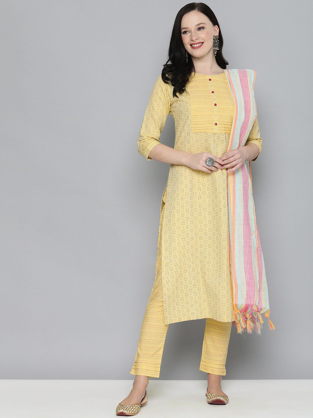 Kvsfab Yellow Woven Design Pure Cotton Handloom Unstitched Dress Material Price in India