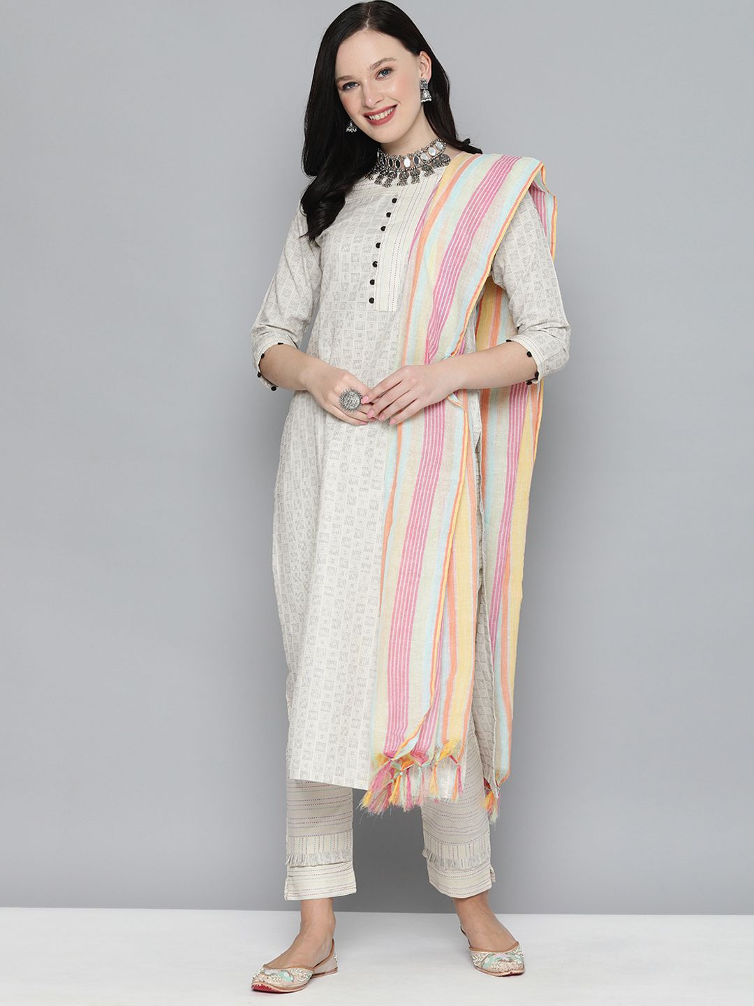 Kvsfab Off White Woven Design Pure Cotton Handloom Unstitched Dress Material Price in India