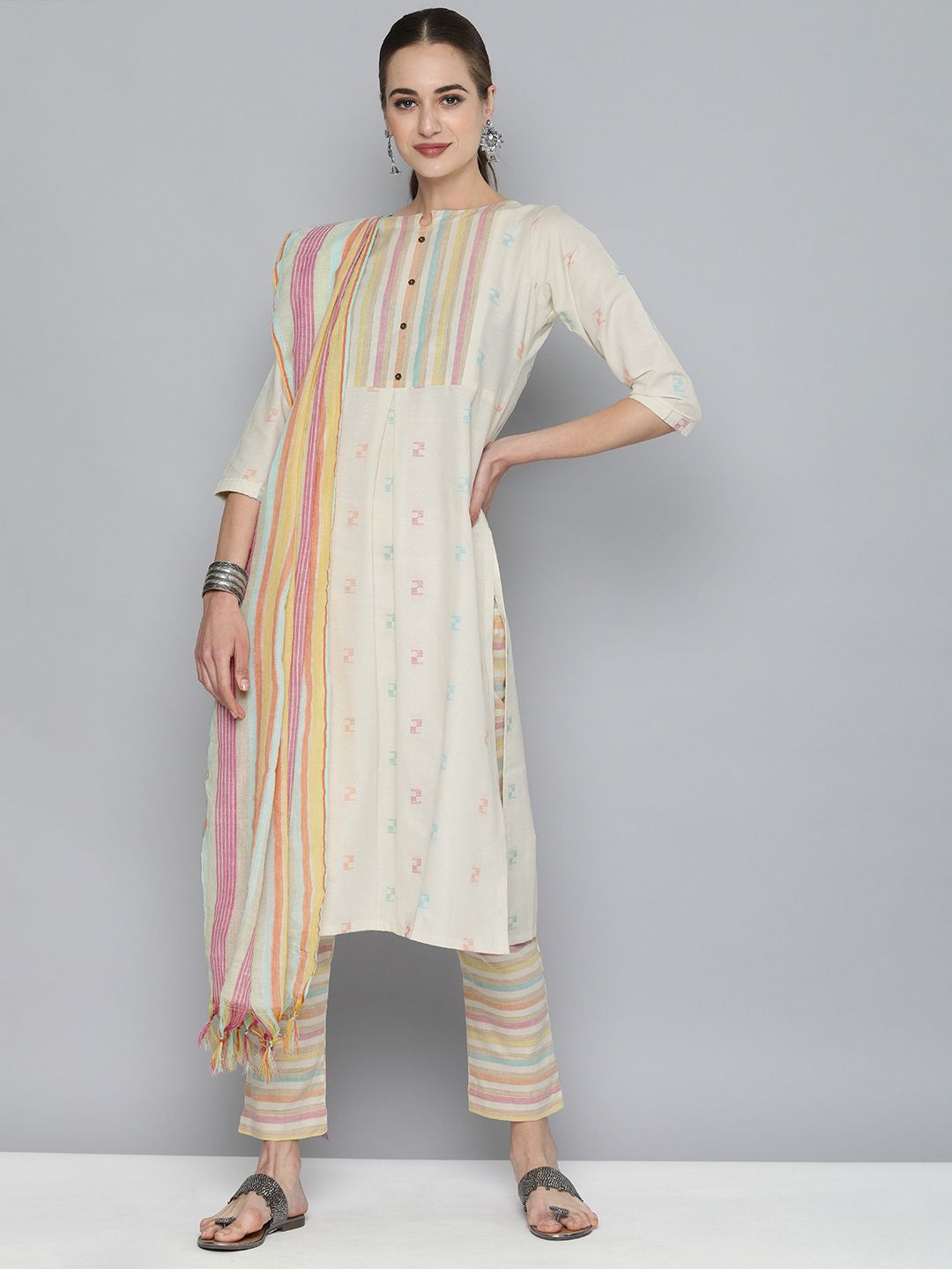 Kvsfab Women Off White Handloom Cotton Unstitched Dress Material Price in India