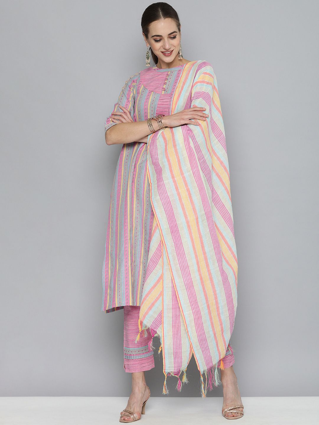 Kvsfab Women Pink & Grey Handloom Cotton Unstitched Dress Material Price in India