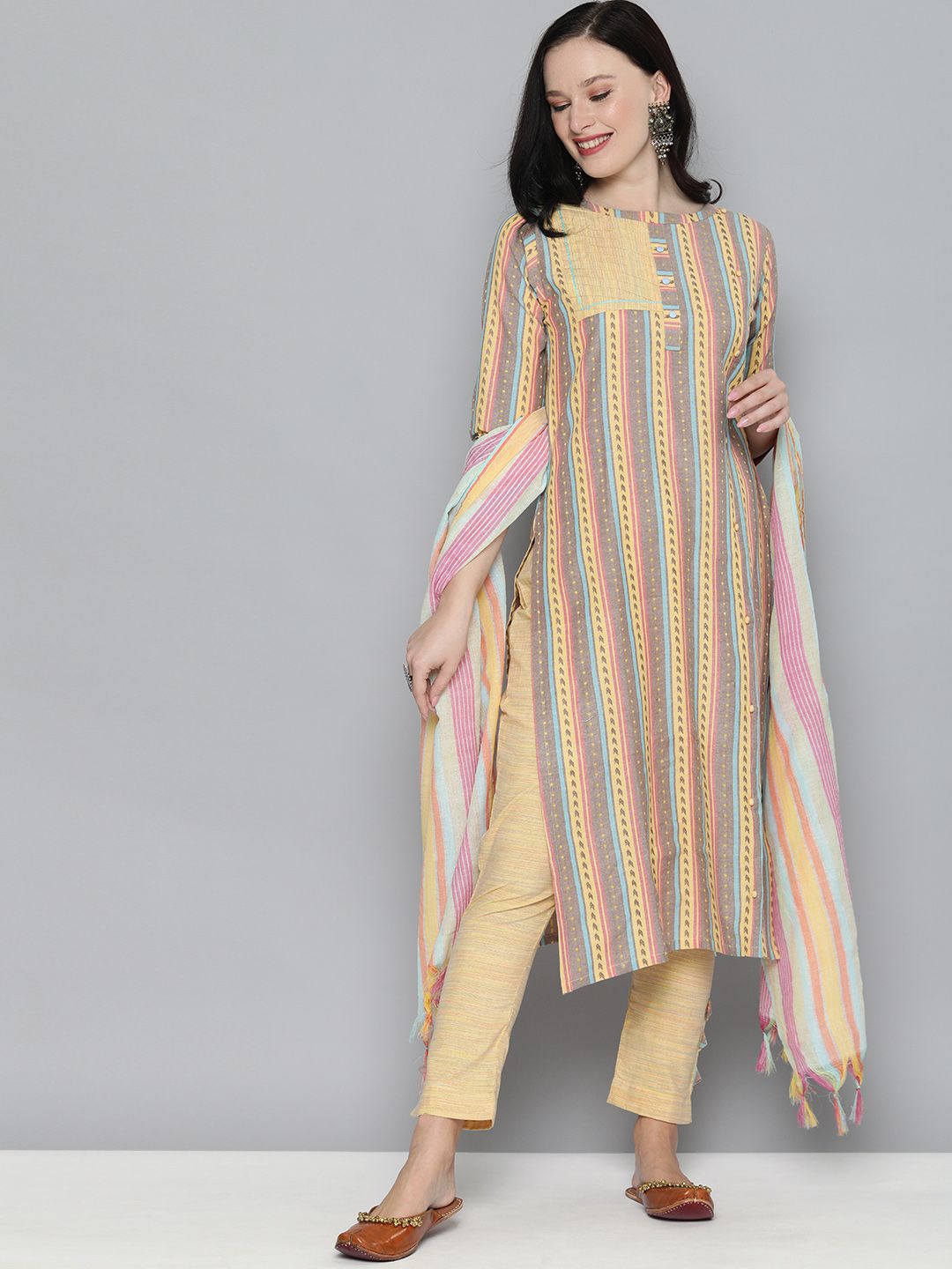 Kvsfab Yellow and Brown Woven Design Pure Cotton Handloom Unstitched Dress Material Price in India