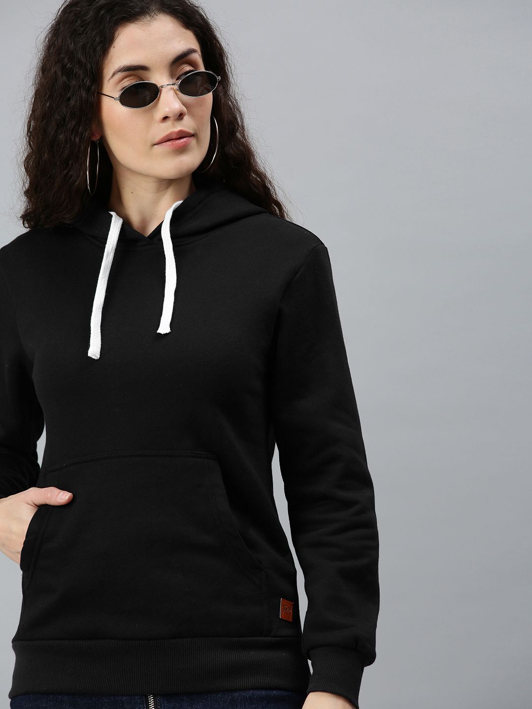Campus Sutra Women Black Hooded Pure Cotton Sweatshirt Price in India