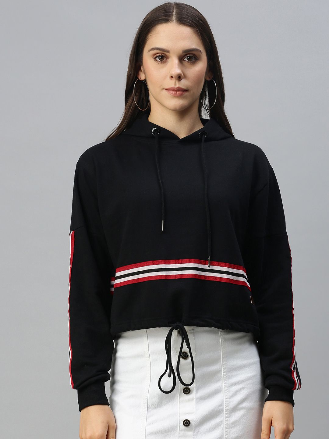 Campus Sutra Women Black & Red Striped Hooded Hem Tie-Up Detail Pullover Sweatshirt Price in India