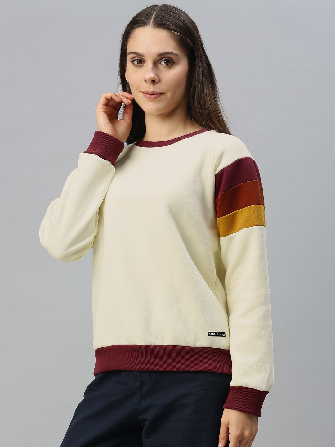 Campus Sutra Women Off White Pullover Sweatshirt with Striped Sleeves Price in India