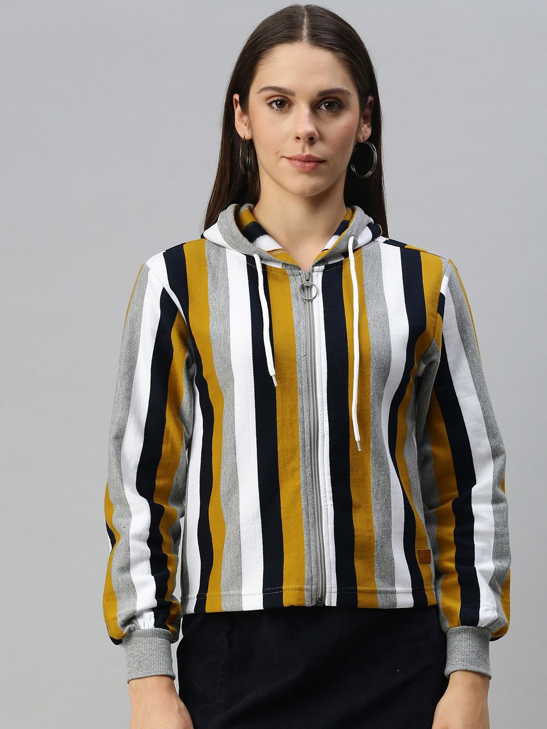 Campus Sutra Women Multicoloured Striped Hooded Front-Open Sweatshirt Price in India