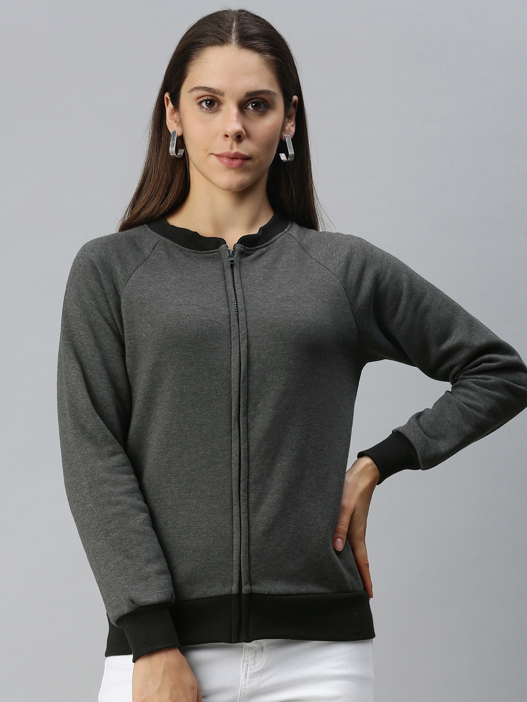 Campus Sutra Women Charcoal Grey Solid Front-Open Sweatshirt Price in India