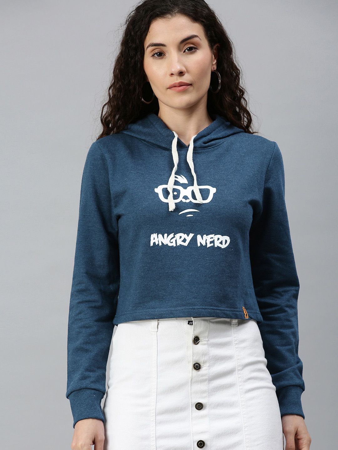 Campus Sutra Women Navy Blue Printed Hooded Pullover Crop Sweatshirt Price in India