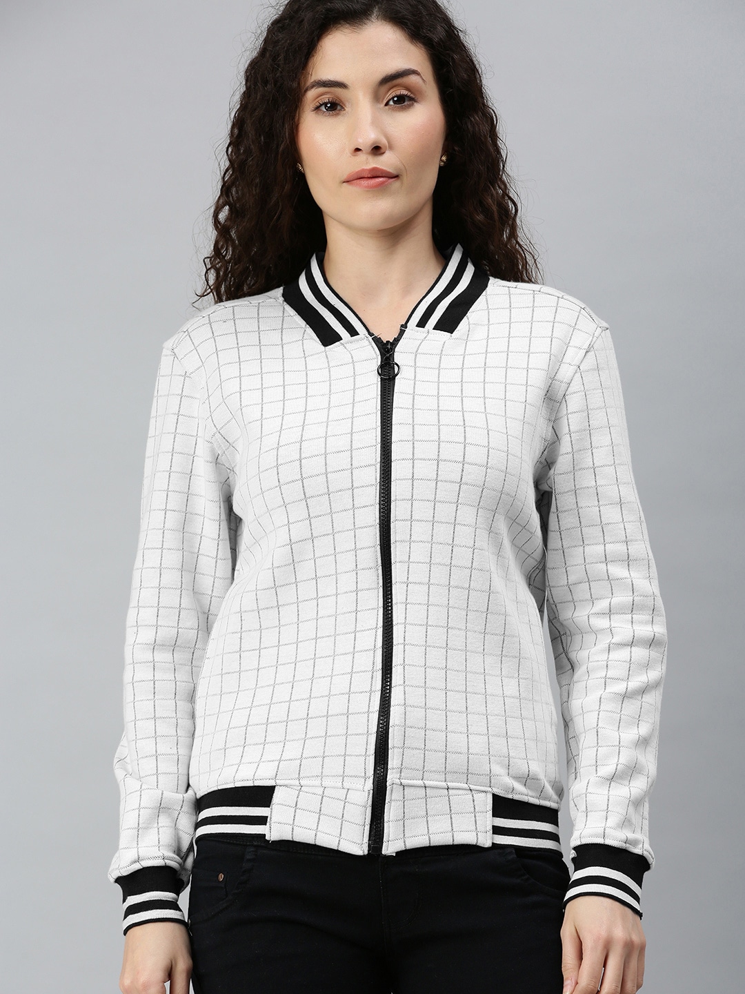 Campus Sutra Women Grey & Black Checked Front Open Sweatshirt Price in India