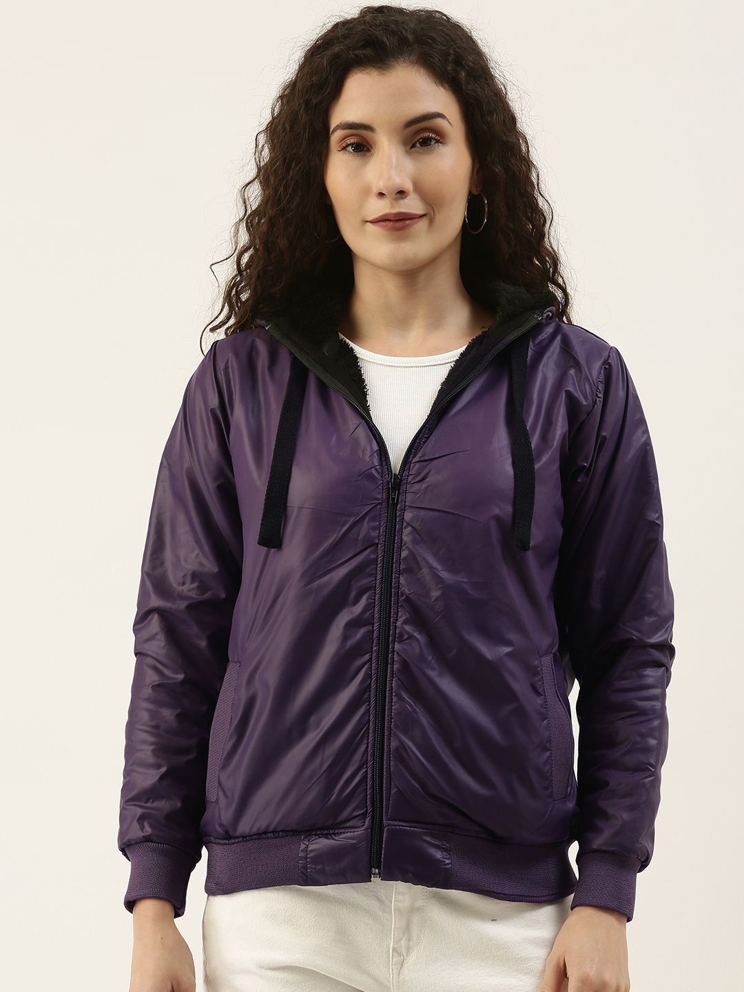 Campus Sutra Women Purple Solid Hooded Bomber Jacket Price in India
