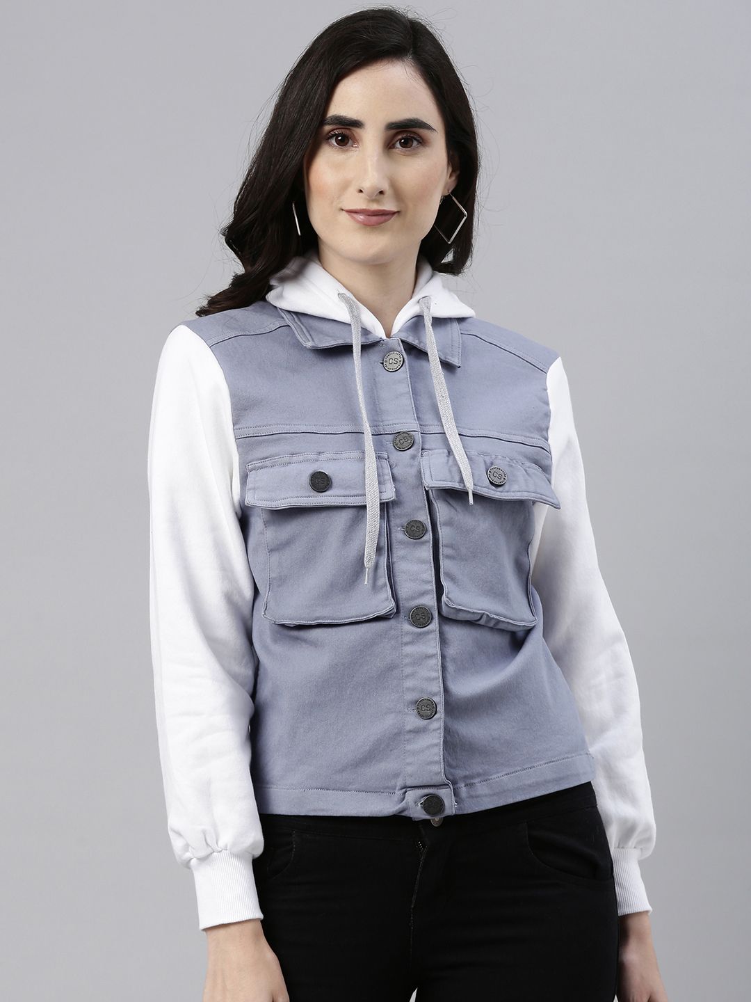 Campus Sutra Women Blue Hooded Denim Jacket Price in India