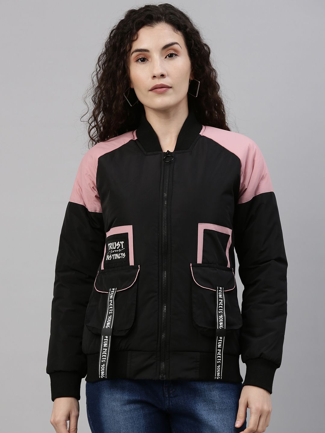 Campus Sutra Women Black Windcheater Bomber Jacket Price in India