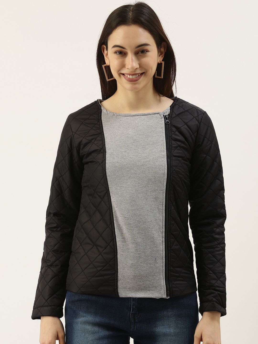 Campus Sutra Women Black Grey Colourblocked Quilted Jacket Price in India